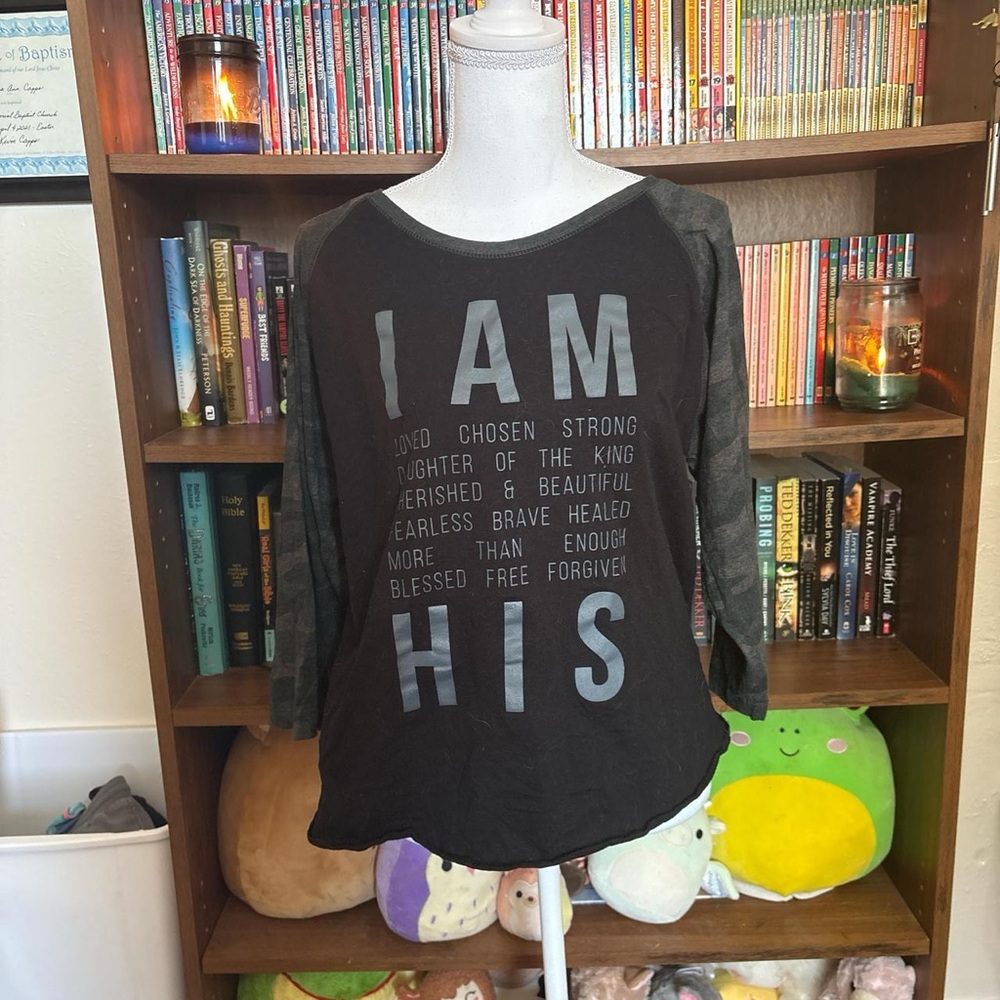 Christian unisex “I AM HIS” Black&Charcoal Raglan Tee